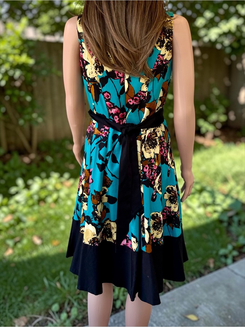 Nine West Teal Floral Fit & Flare Dress Size 6 Belted Cotton Stretch Y2K - Picture 7 of 10
